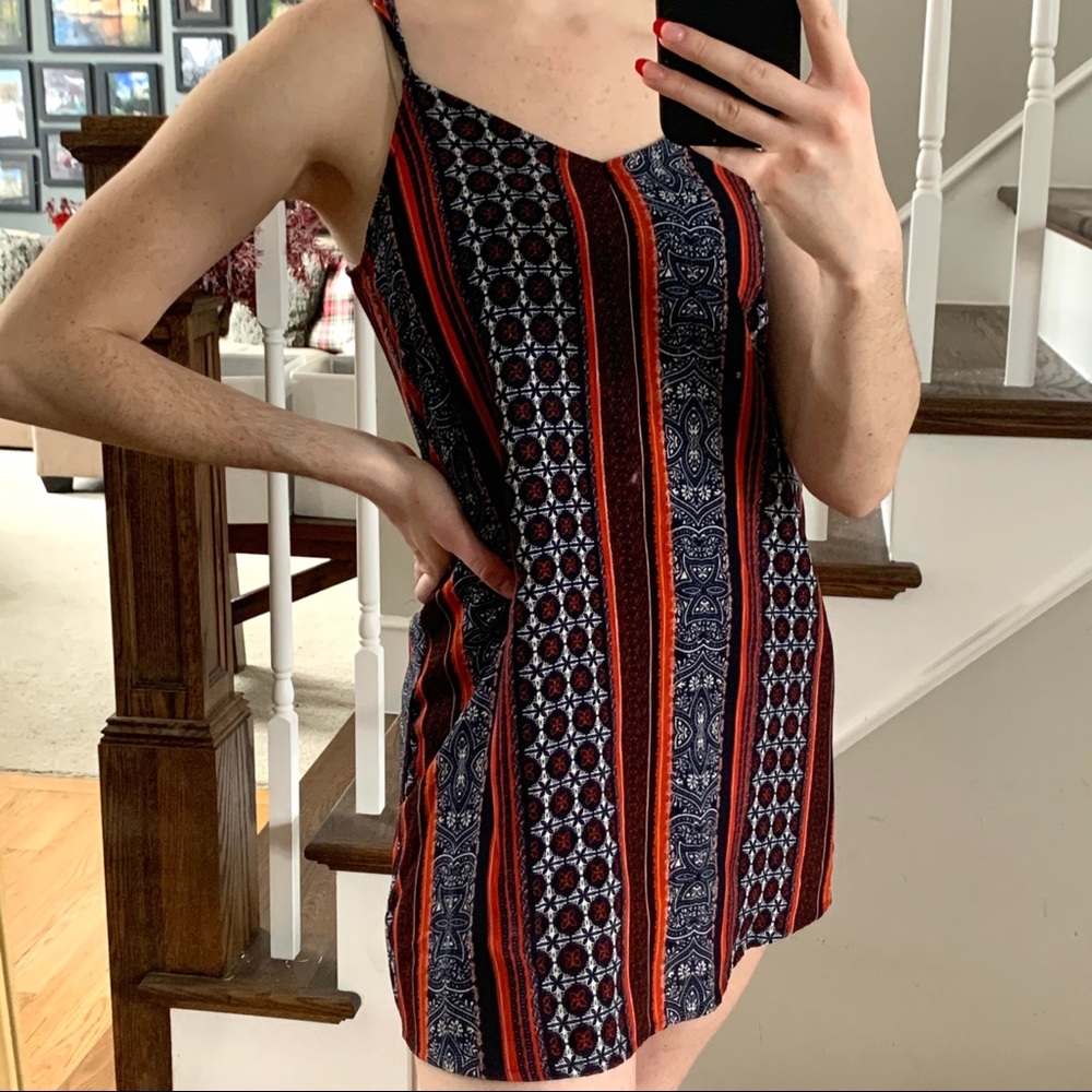 Living doll pattern red blue spaghetti strap dress